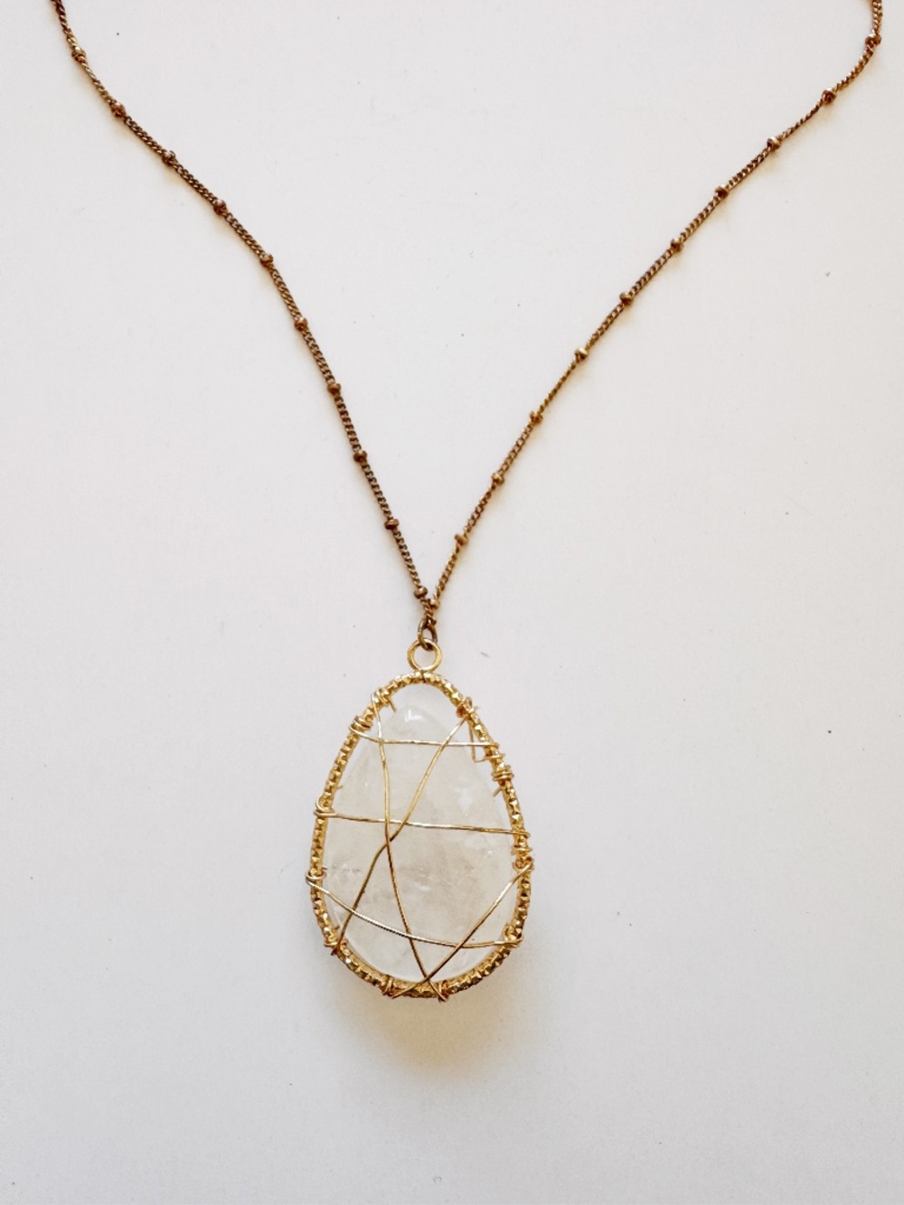 Wire Wrapped Clear Quartz Teardrop Pendant Necklace Gold Tone